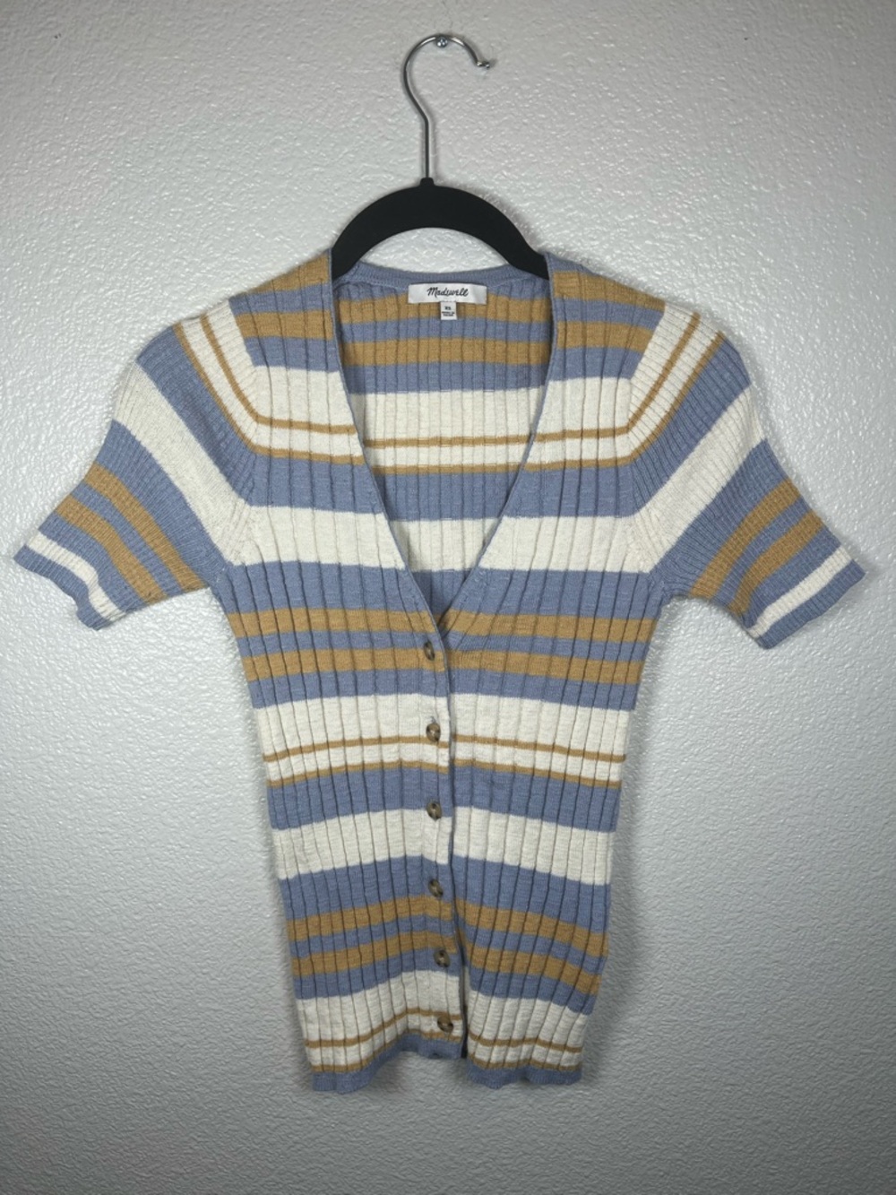 Madewell Glencrest Button-Front Sweater Tee Blue and Yellow Striped Knit XS - Picture 4 of 9